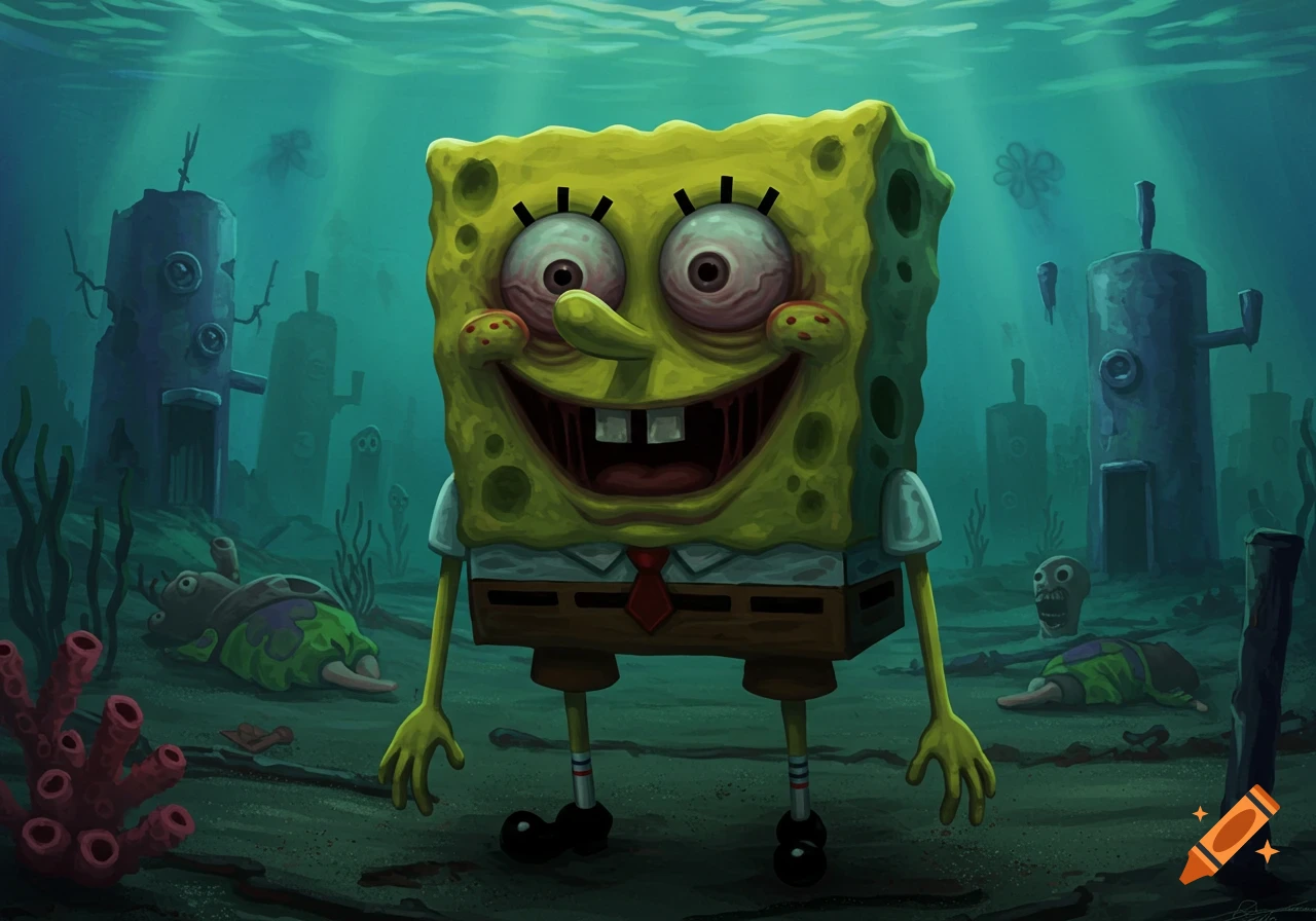 Monstrous SpongeBob with bloodshot eyes and rotting teeth grins unsettlingly in a dark, decaying underwater Bikini Bottom setting, horror art.
