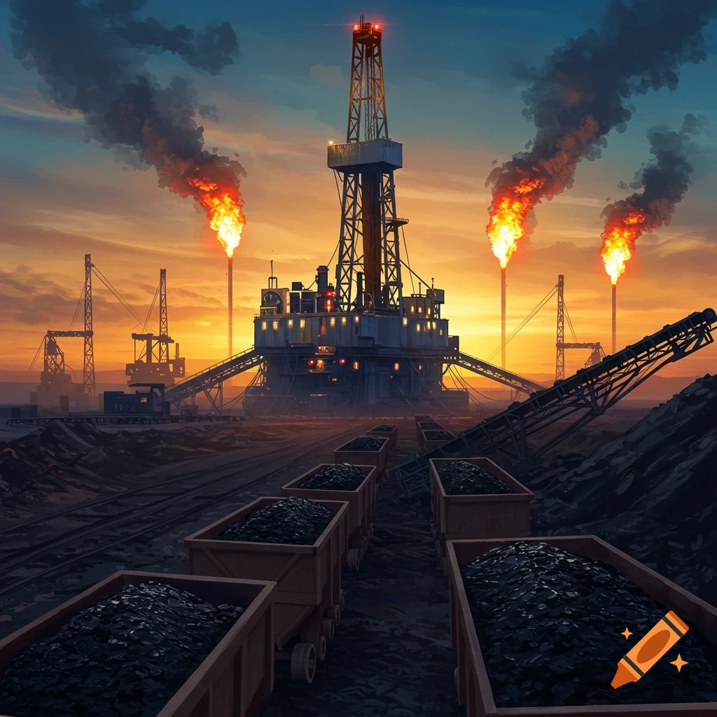 Industrial landscape with an oil rig, multiple gas flares, and coal trains under a dramatic sunset sky.