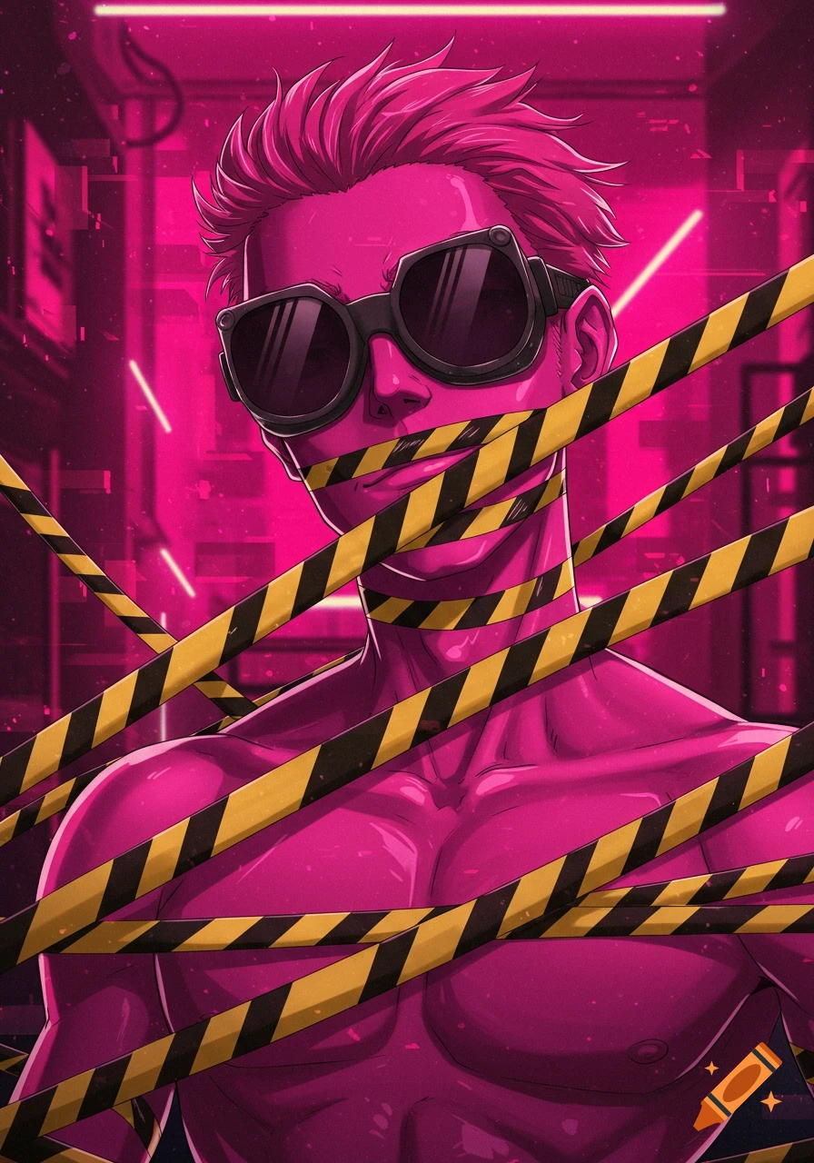 A magenta-skinned man with pink hair and black goggles, wrapped in yellow and black warning tape, in a neon cyberpunk anime style.
