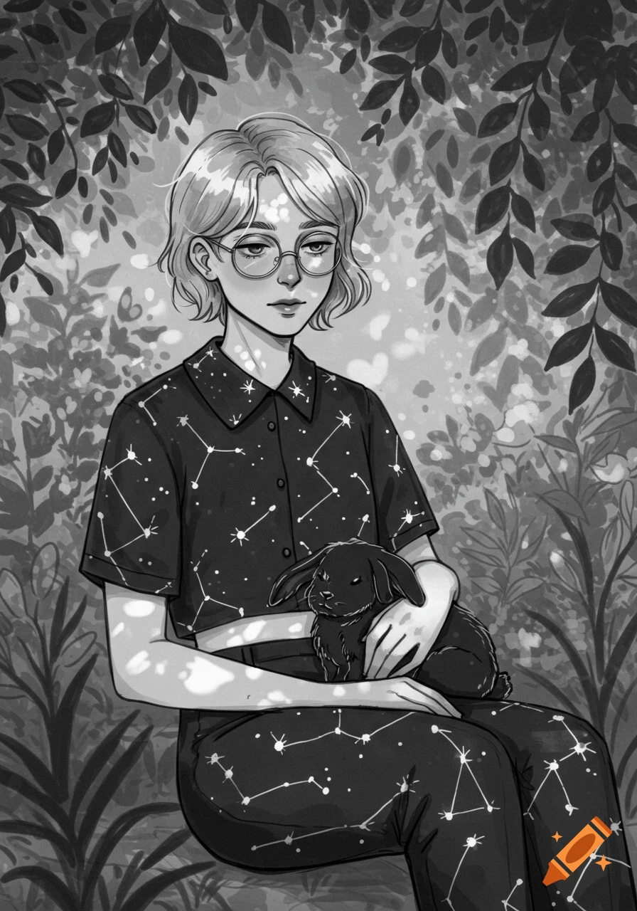 Black and white illustration of a person with short hair and glasses, wearing star-patterned clothes, holding a black lop bunny in a garden.
