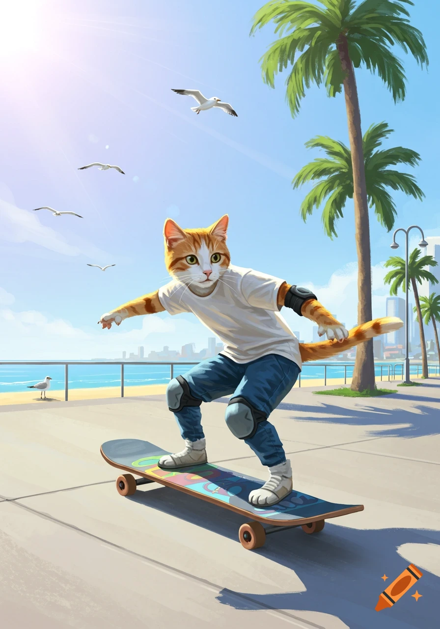 An illustrated orange and white cat in a white t-shirt, jeans, and pads skateboards on a sunny boardwalk with palm trees and the ocean in the background.