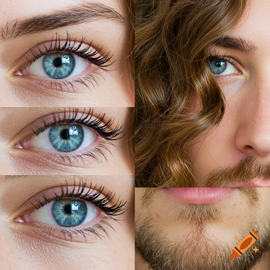 A collage of close-up images featuring blue eyes, curly brown hair, and curly brown stubble.