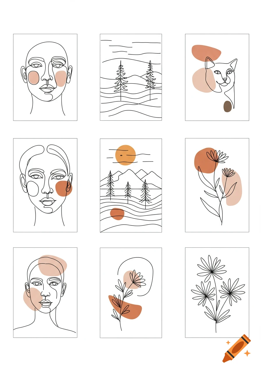 A grid of nine minimalist line art illustrations featuring abstract faces, a cat, landscapes with mountains and trees, and floral designs, all with black lines on a white background and subtle beige accents.