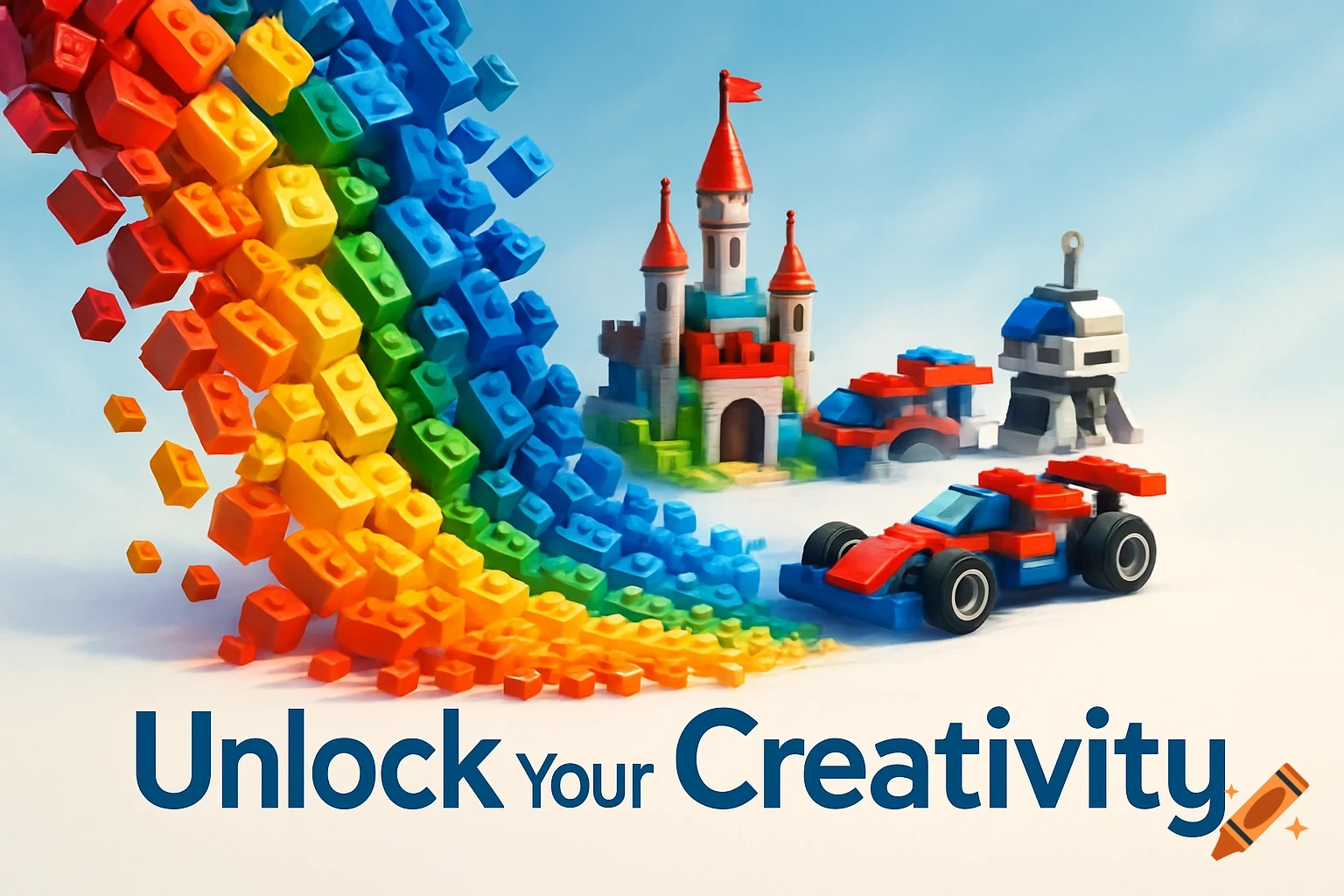 A colorful array of cascading Lego-like blocks, a castle, and vehicles with "Unlock your Creativity" text.