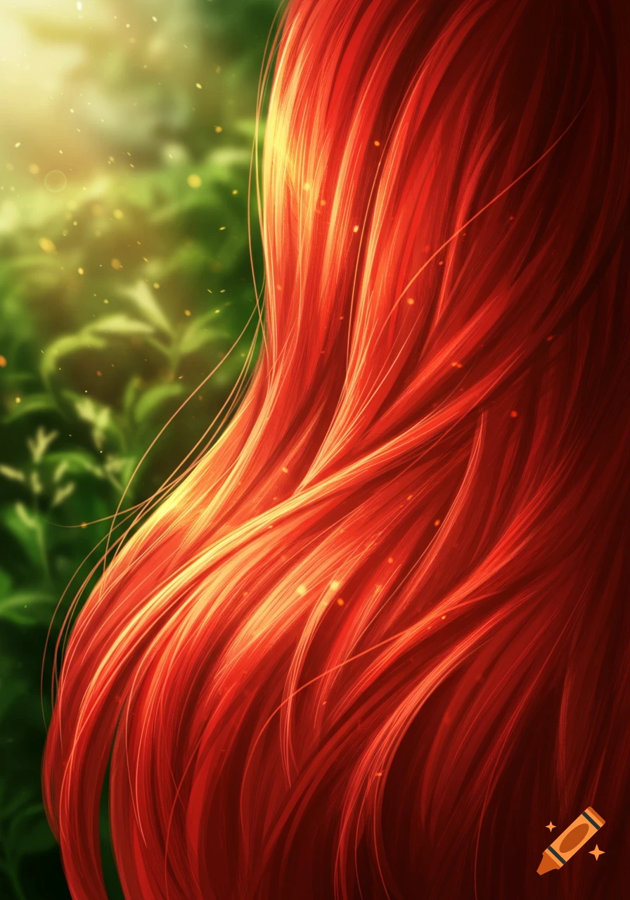 Vibrant, flowing red hair glows against a soft green background with sparkling particles in an anime art style.