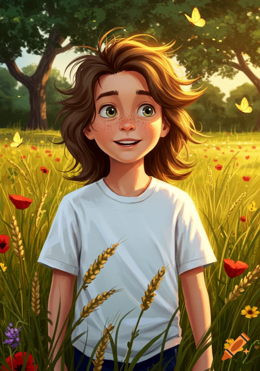 A smiling cartoon child with brown hair and green eyes stands in a sunny field among wheat, poppies, and butterflies.