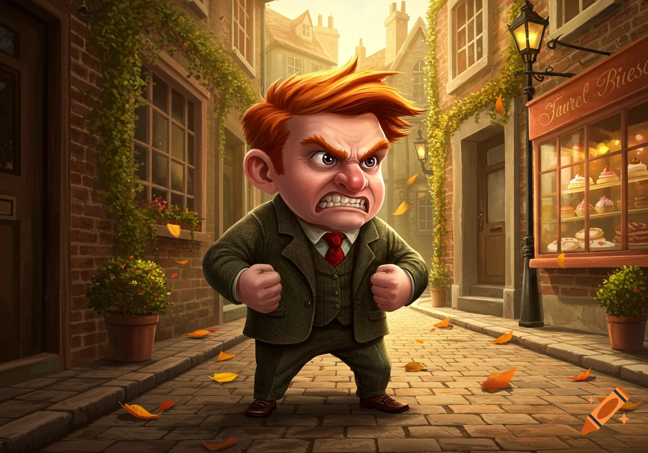 An angry, red-haired cartoon man in a suit stands on a cobblestone street in a European town with shops.
