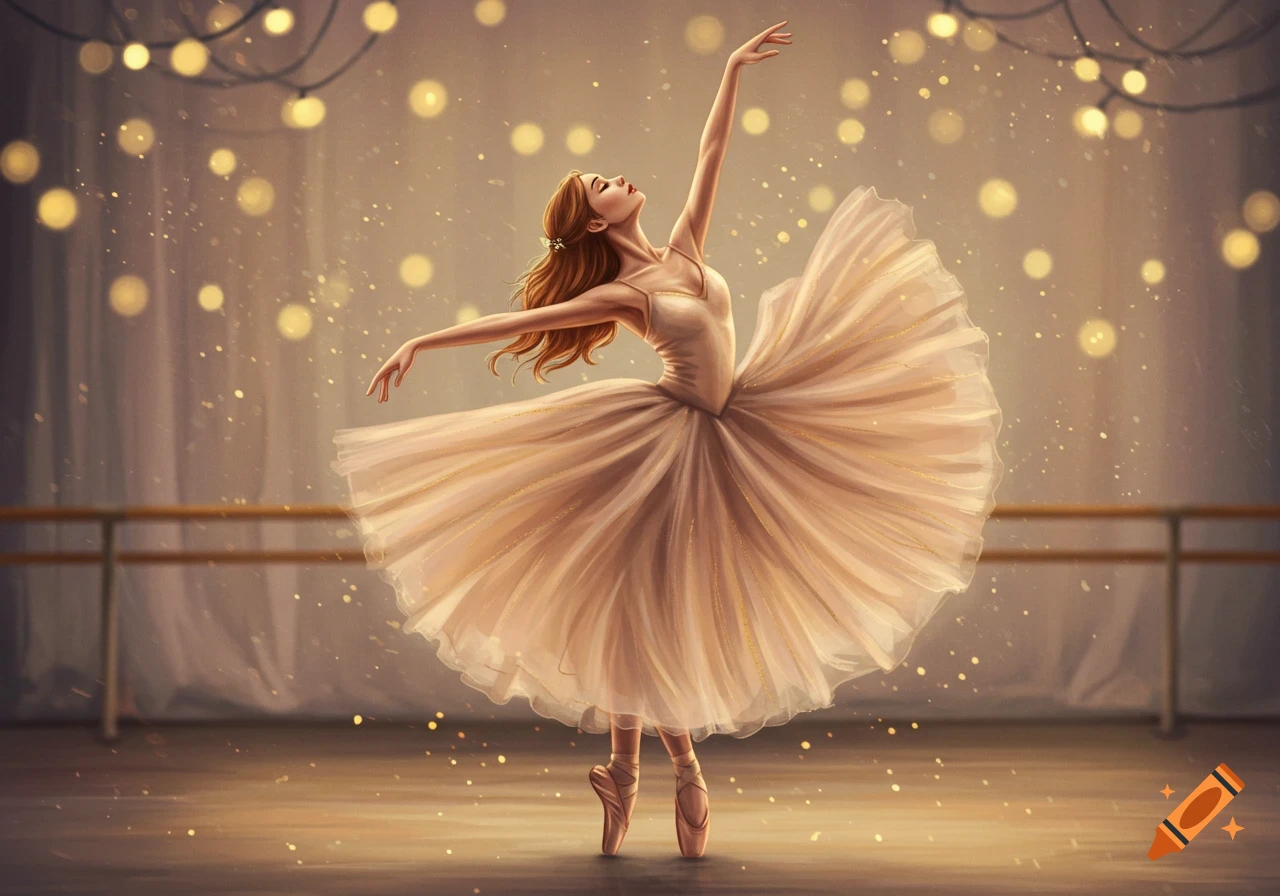 A beautiful illustration of a ballerina in a light gold tutu, dancing elegantly under sparkling bokeh lights in a studio.