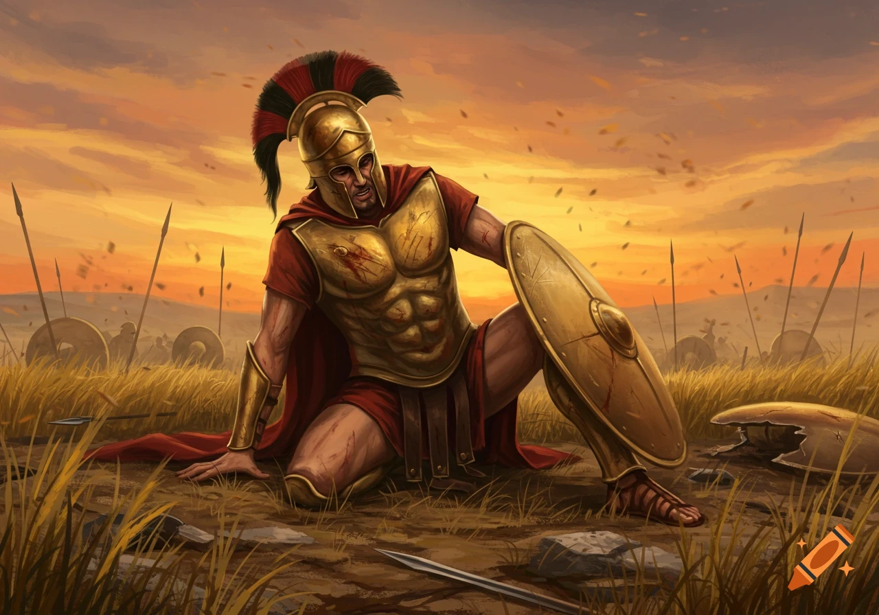 A golden-armored warrior with a red cape kneels on a grassy battlefield at sunset, bloodied, holding a shield.