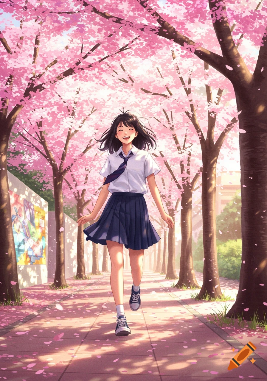 An anime schoolgirl runs joyfully under a canopy of pink cherry blossoms on a sunny day.