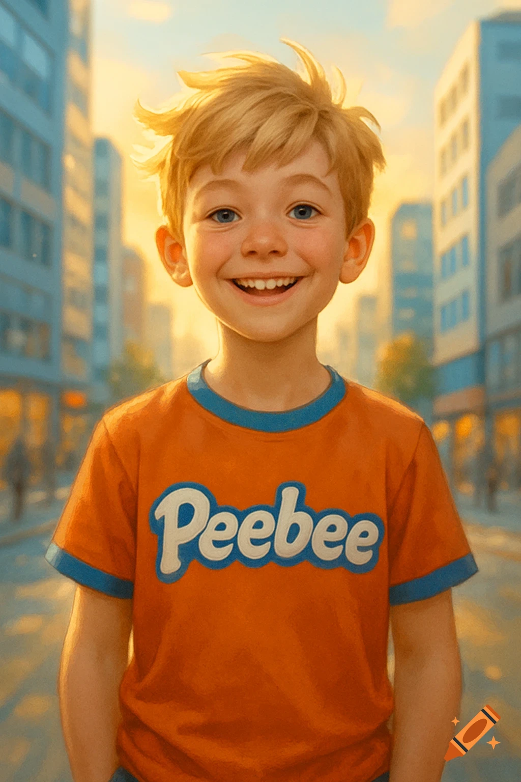 A smiling blonde boy in an orange 'Peebee' t-shirt stands on a sunny city street.