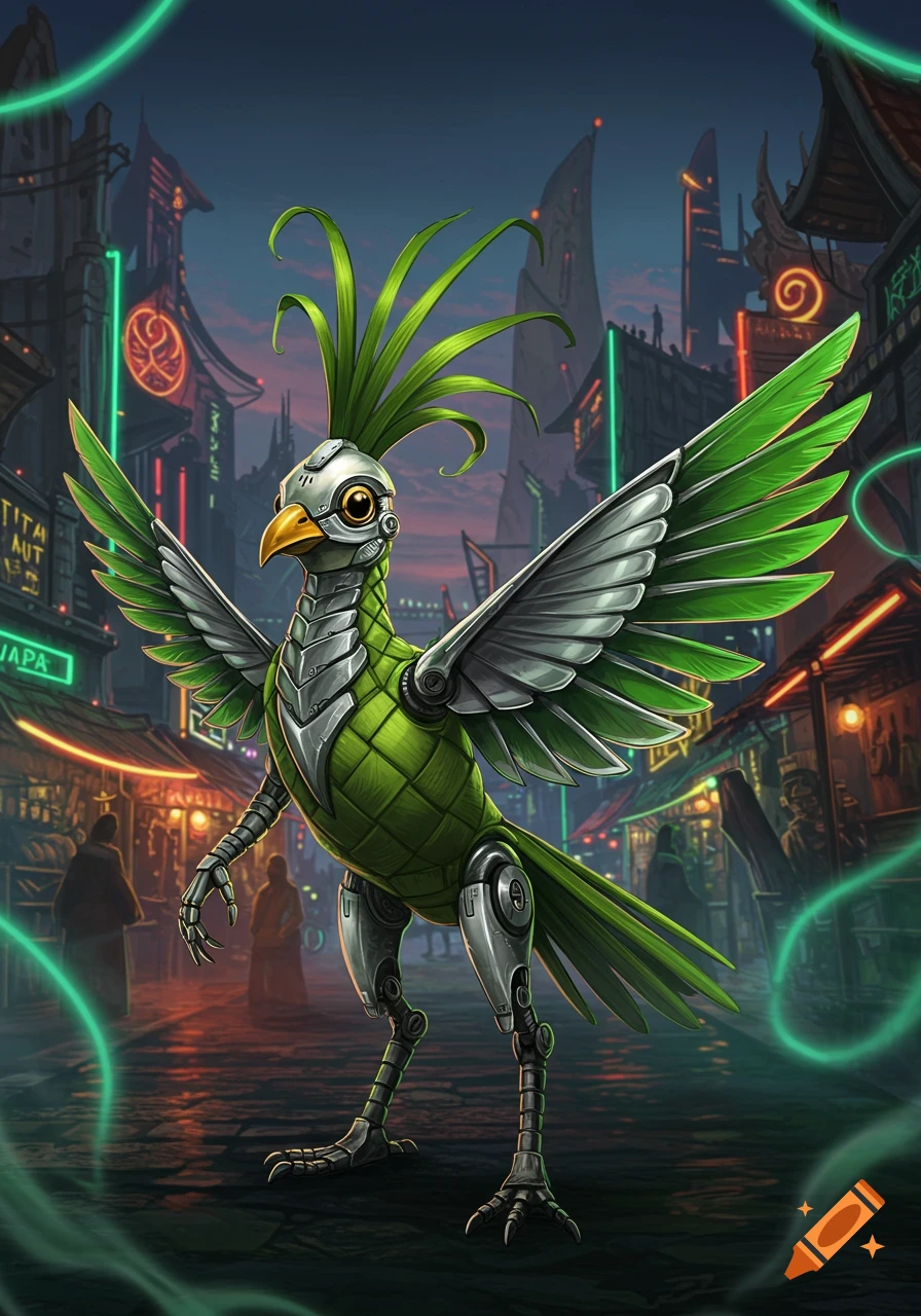 A green and silver robotic bird with metallic wings and legs stands on a street in a neon-lit cyberpunk city.