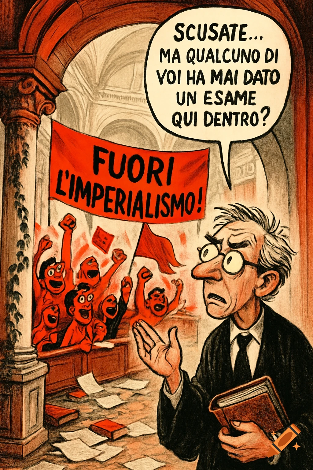 A cartoon depicts a confused professor in a university hall looking at protesting students with a banner reading 'FUORI L'IMPERIALISMO!'.