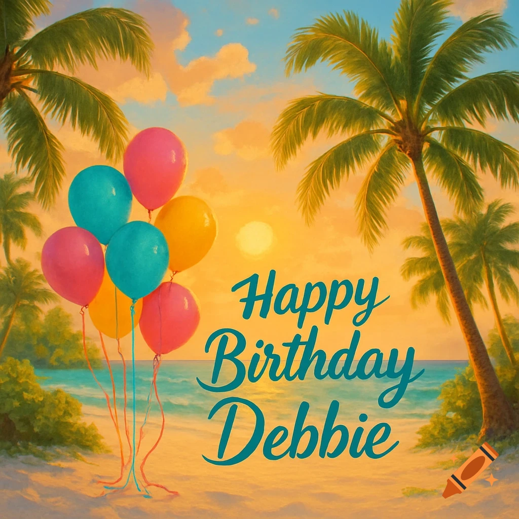 Vibrant illustration of balloons on a tropical beach at sunset with 'Happy Birthday Debbie' text.