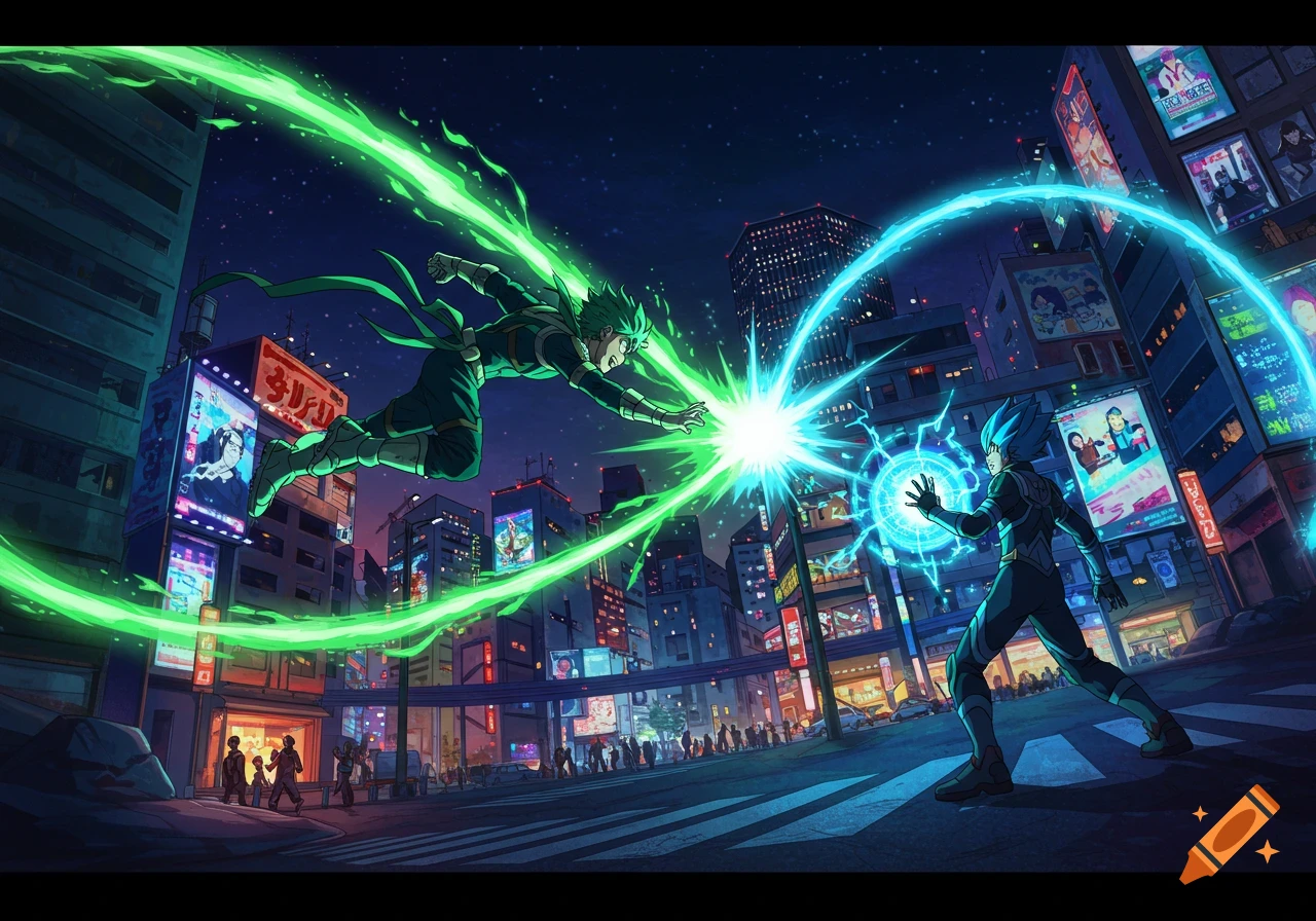 Two anime characters battle in a vibrant, futuristic Tokyo-like city at night. One flies with a green energy beam, clashing with the other's blue energy orb on the ground.