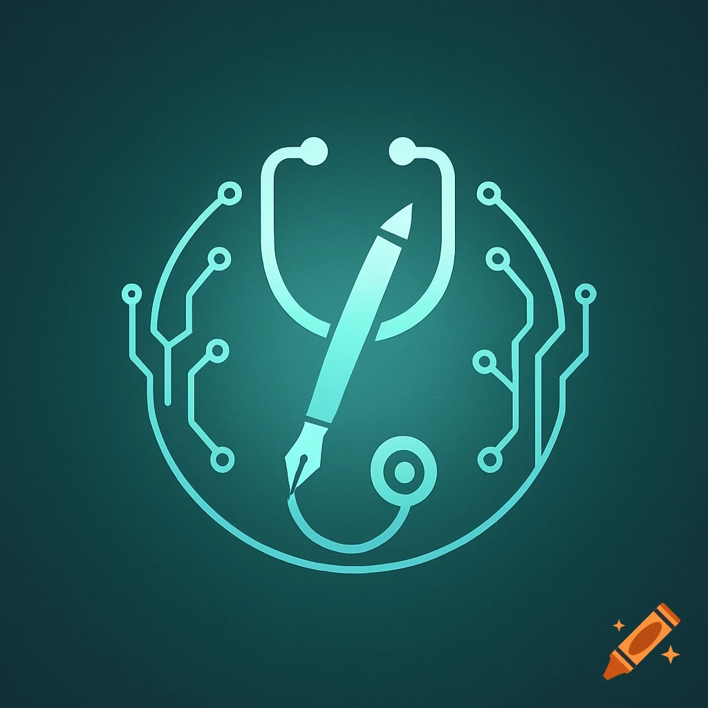 Teal circular logo featuring a stethoscope, a fountain pen, and stylized circuit board lines on a dark background.
