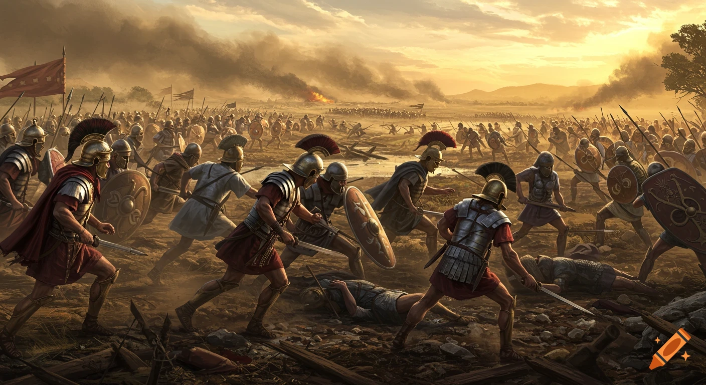 A photorealistic, cinematic scene of Roman legionaries battling on a dusty, smoke-filled ancient battlefield at golden hour.