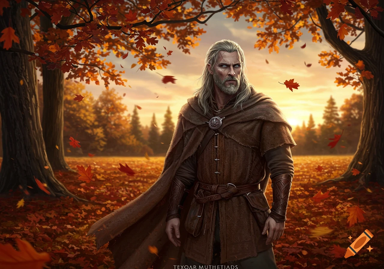 A white-haired man with a beard and scars, wearing a dark cloak and tunic, stands in an autumn forest with falling orange leaves.