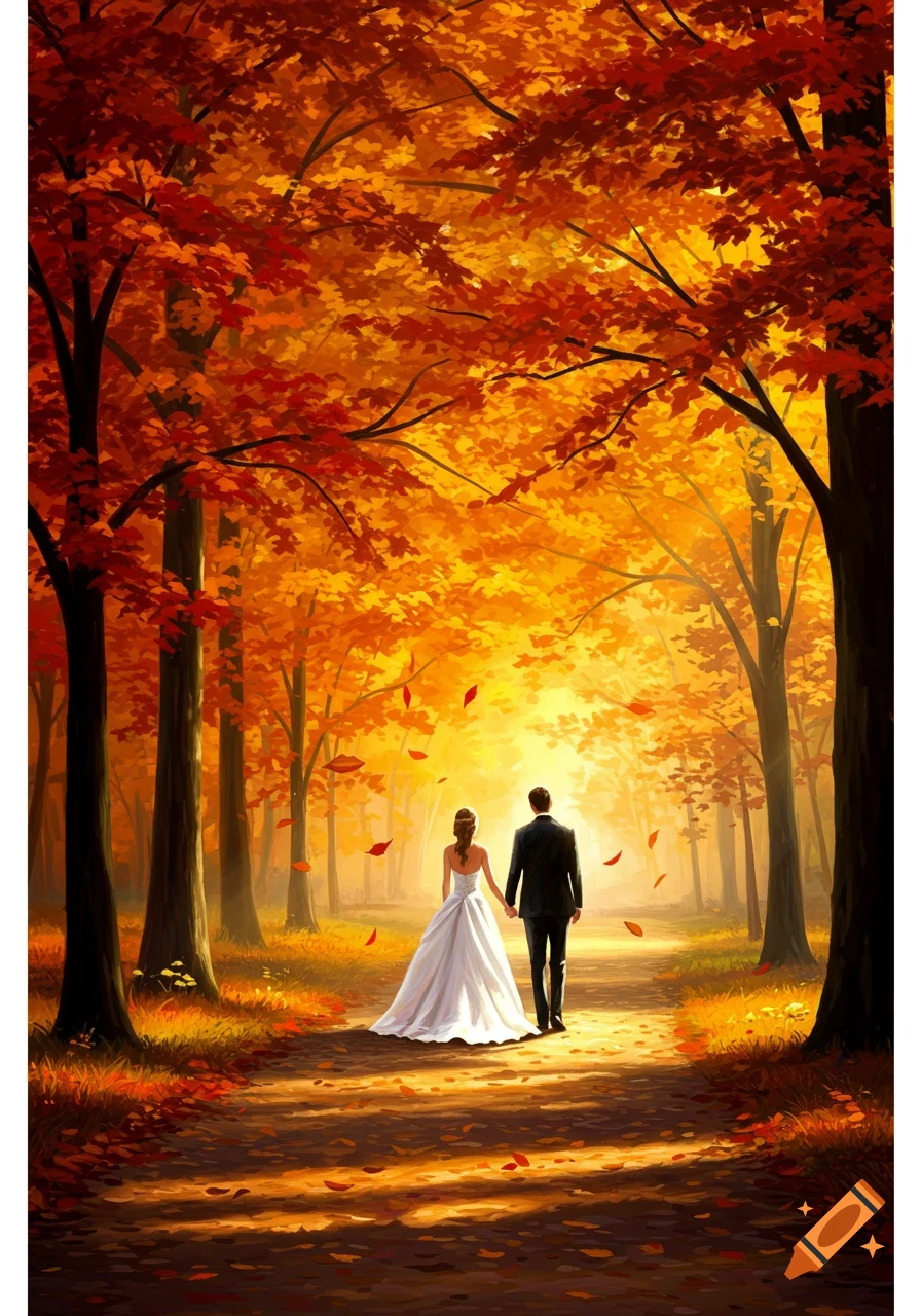 A wedding couple walks hand-in-hand down a sunlit path through a forest with bright orange and red autumn leaves, illustration.