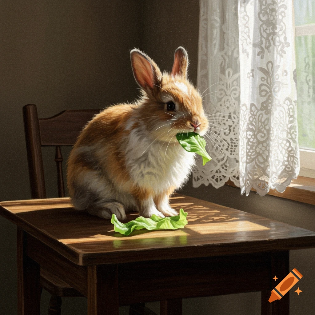 A cute brown and white rabbit sits on a wooden table, eating a green lettuce leaf, bathed in sunlight from a window with a lace curtain.