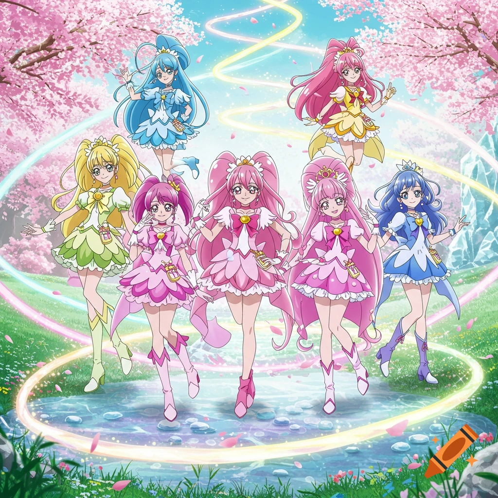 Seven anime magical girls in colorful dresses pose in an enchanted cherry blossom forest with glowing streams and crystals.