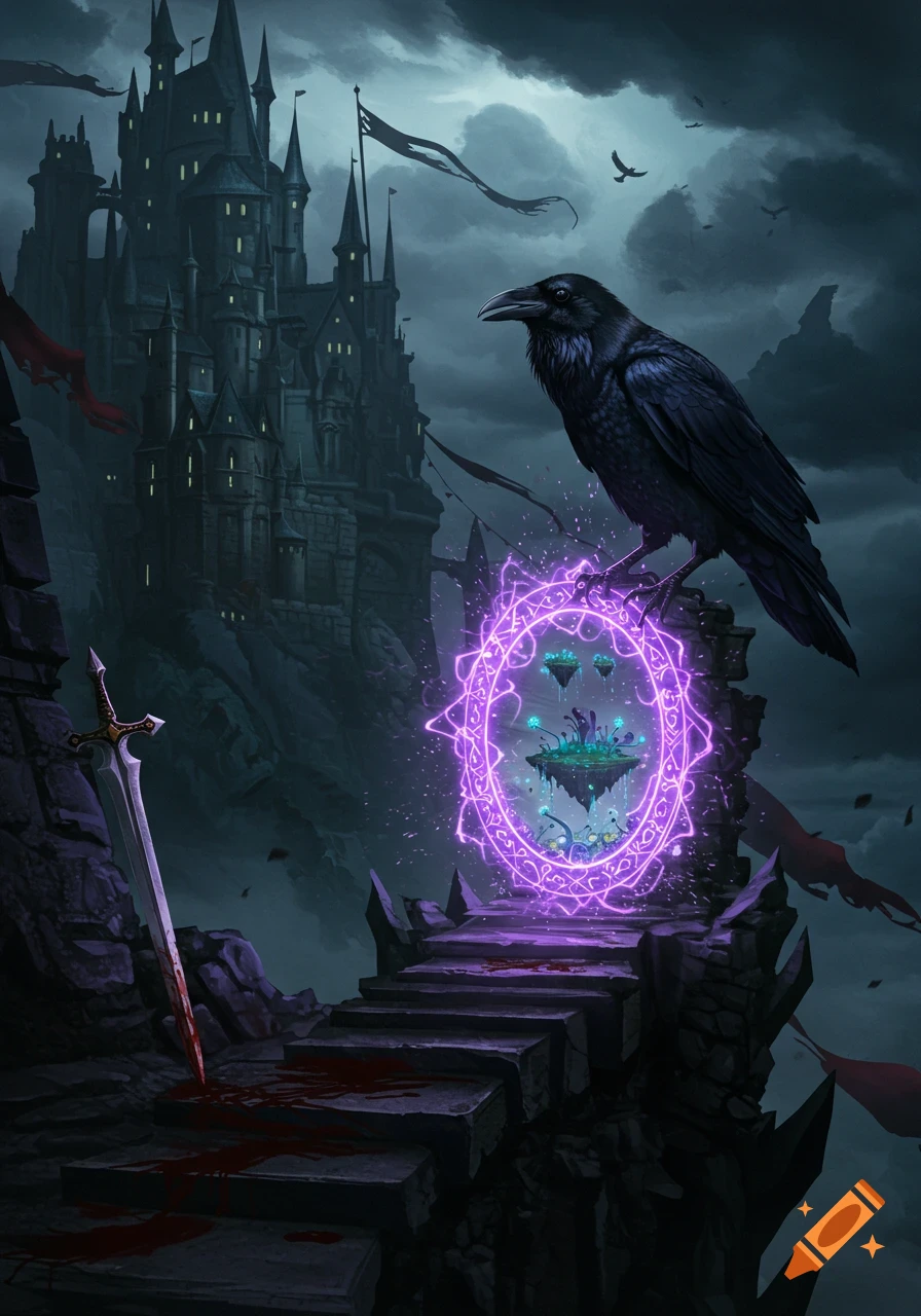 A large raven perches by a glowing purple magical rift, with a dark gothic castle and a bloody sword in the foreground.