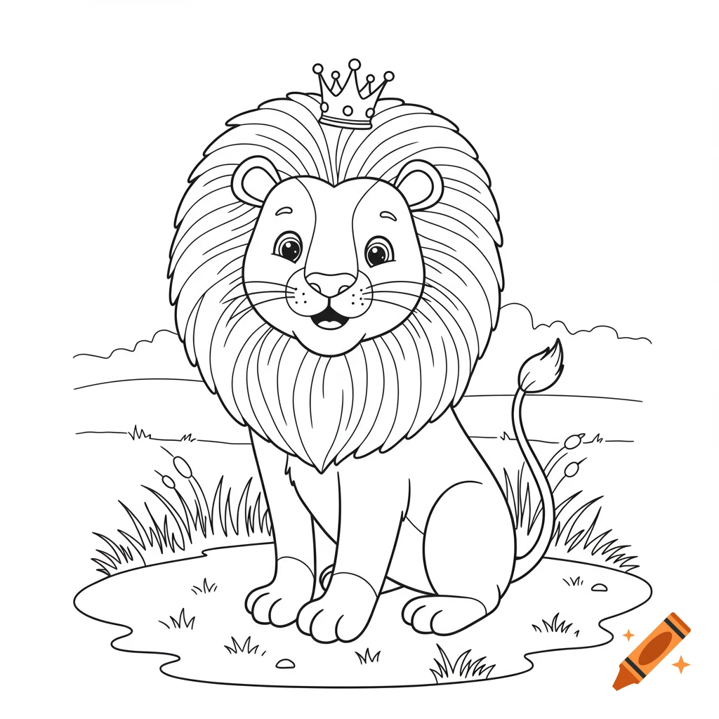 Black and white cartoon lion wearing a crown, sitting happily in grass, designed for coloring.