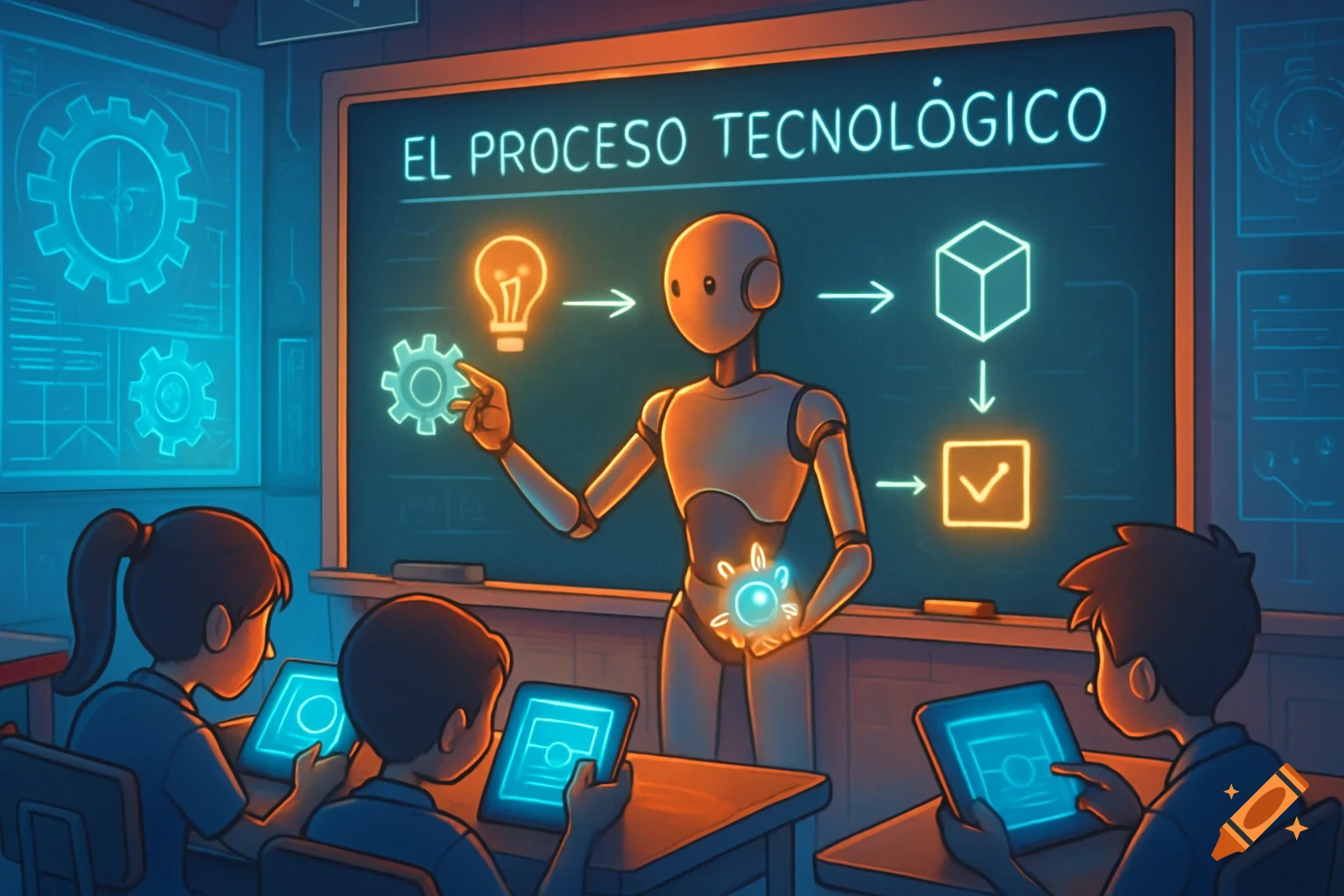 A robot teacher explains 'The Technological Process' on a glowing blackboard to three students with tablets in a futuristic classroom.