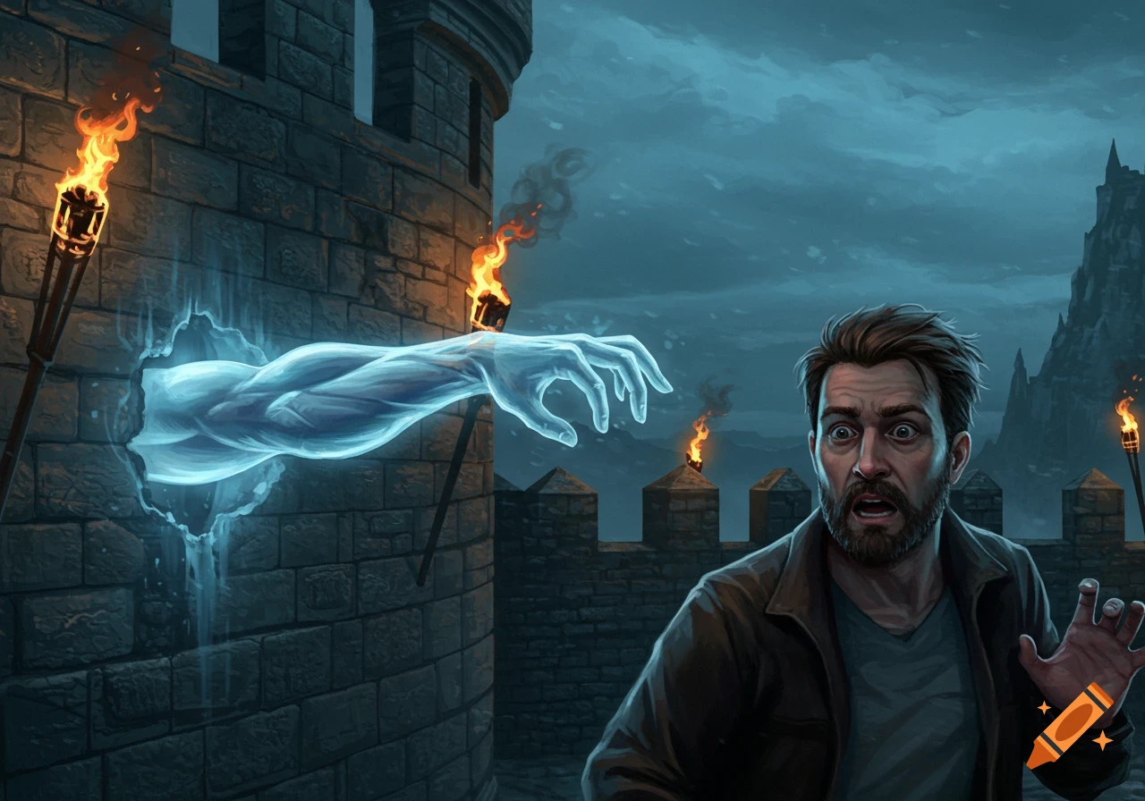 A terrified man watches a glowing blue ghostly arm emerge from a stone castle wall in a dark, cloudy night scene.