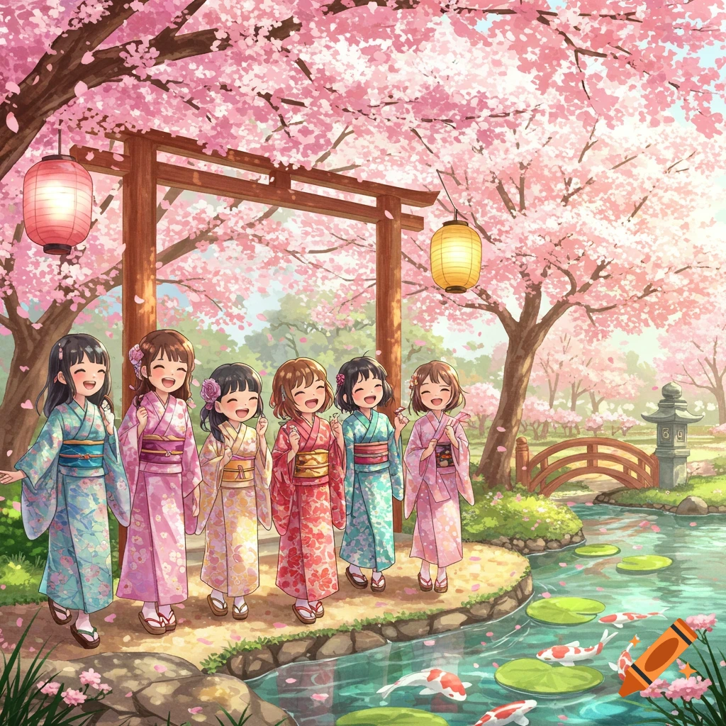 Six smiling girls in kimonos walk through an anime cherry blossom garden with a pond, koi fish, torii gate, and lanterns.