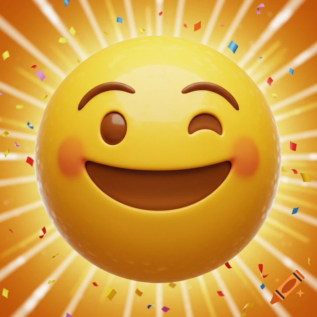 A winking yellow emoji face with rosy cheeks and a big smile, surrounded by colorful confetti and a bright light ray background.