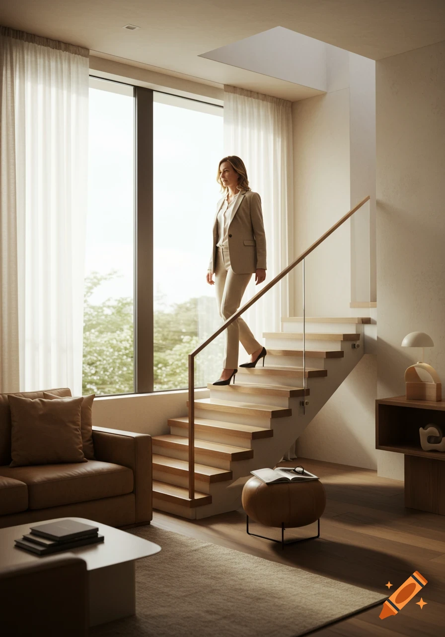 A photorealistic image of a woman in business attire confidently walking down a modern, minimalist staircase with a large window.