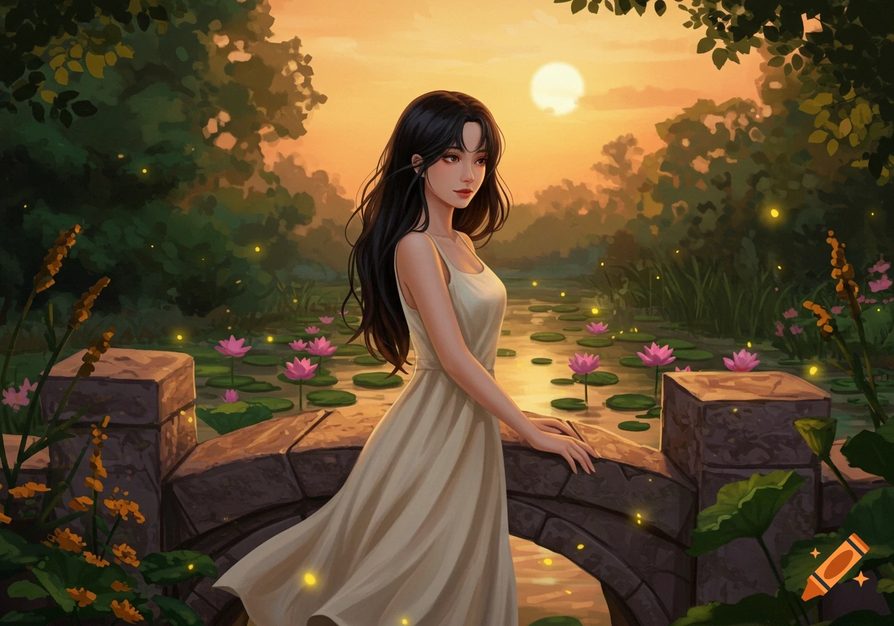 A young woman with long dark hair in a white dress stands on a stone bridge over a lotus pond at sunset, surrounded by lush greenery.