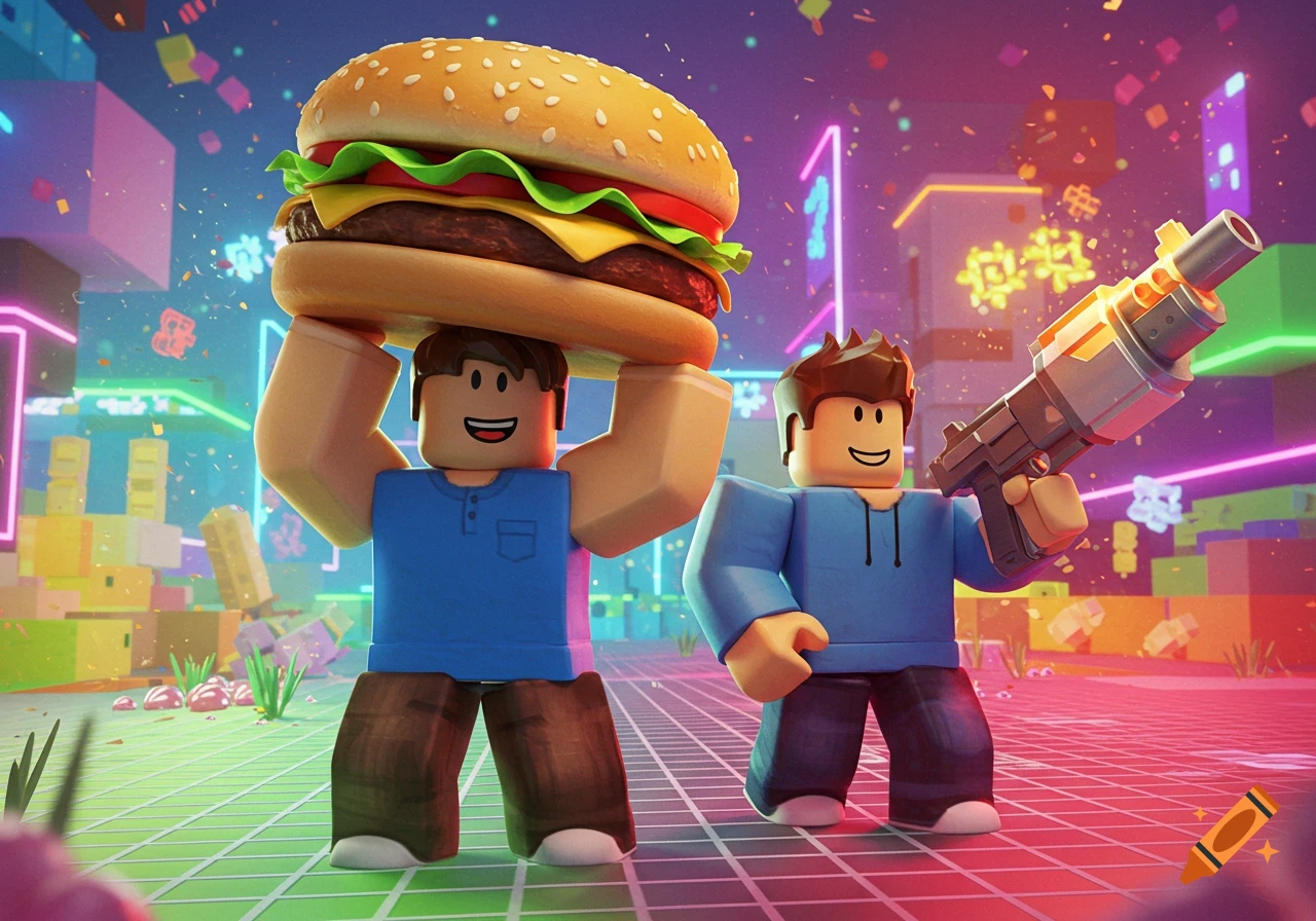 Two Roblox characters in a vibrant, neon-lit digital world; one holds a giant hamburger, the other a sci-fi blaster.