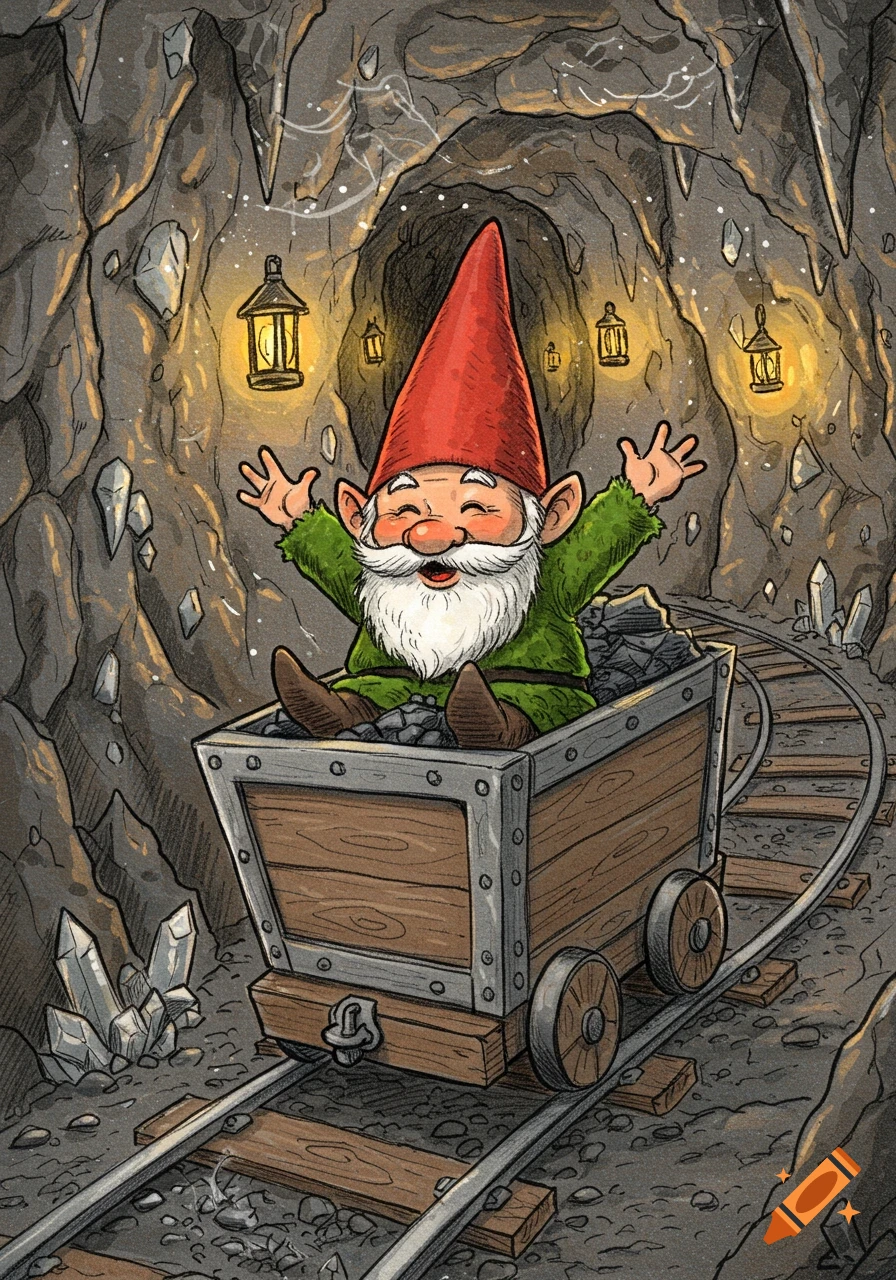 A happy cartoon garden gnome with a red hat and white beard rides in a mine cart filled with coal through a sparkling cave lit by lanterns.