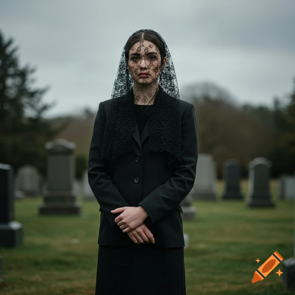 A solemn woman in black funeral attire and a black lace veil stands in a cemetery with gravestones in the background.