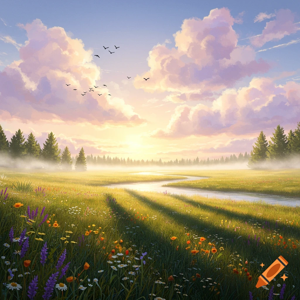 A vibrant painting of a meadow with a winding river at sunset, surrounded by pine trees and fluffy pink clouds. Birds fly across the sky.