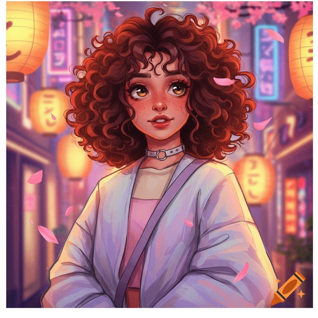 A stylized anime portrait of a person with curly brown hair and freckles, wearing a choker and a white jacket, against a neon-lit street with cherry blossoms.