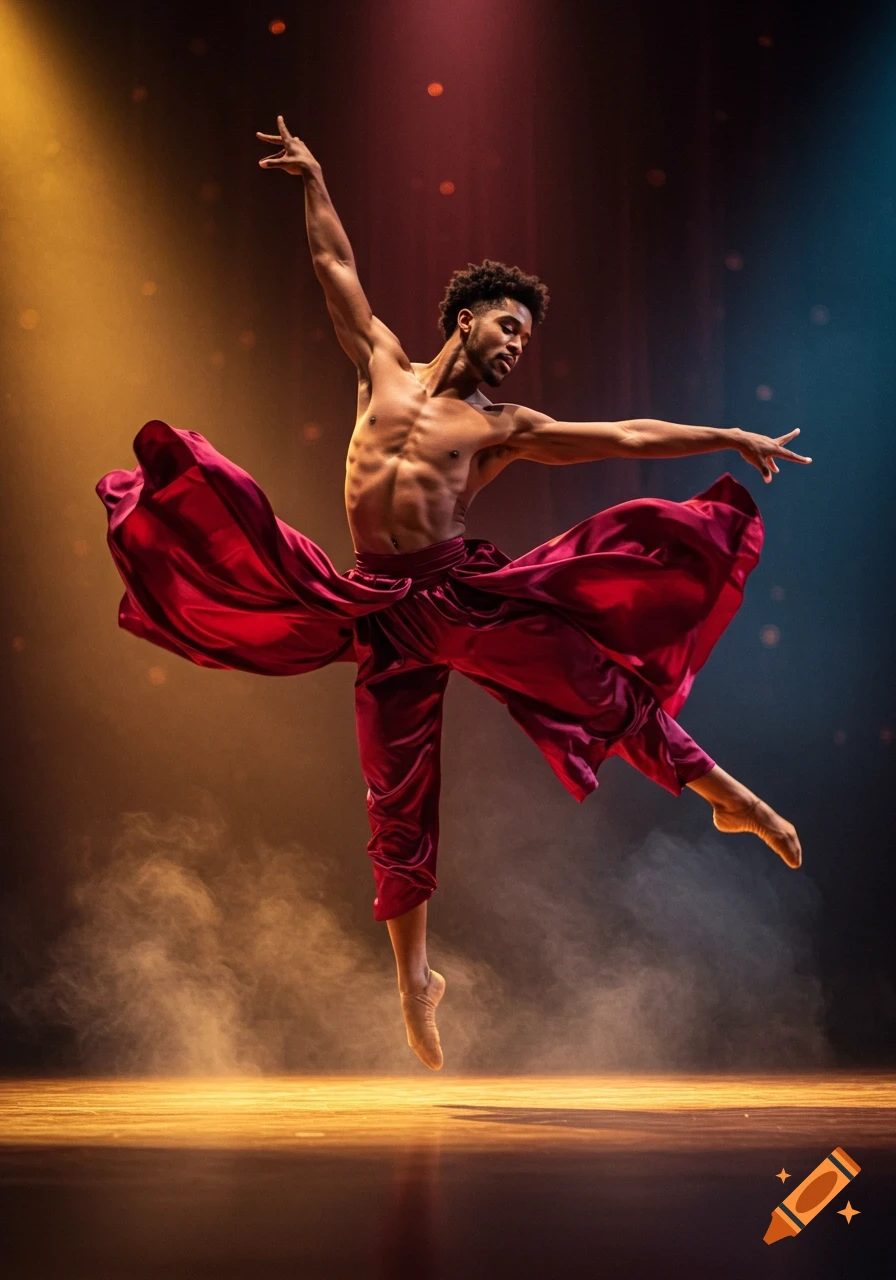 A male dancer in a dynamic pose, wearing flowing red pants, on a stage with warm and cool spotlights.