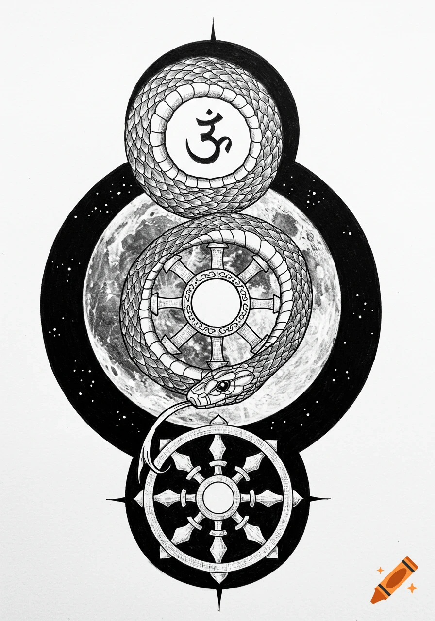 Black and white ink illustration of an ouroboros snake around a full moon and a Dharmachakra, with an Om symbol.