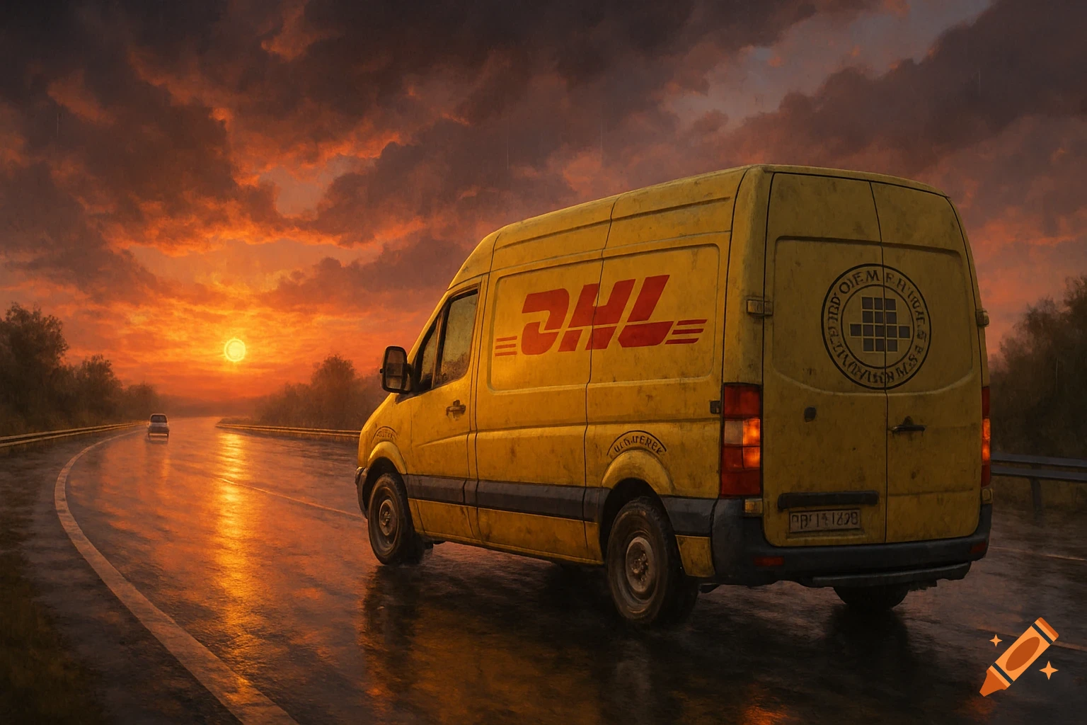 A yellow DHL delivery van drives away on a wet highway under a vibrant orange and red sunset, with another car in the distance.