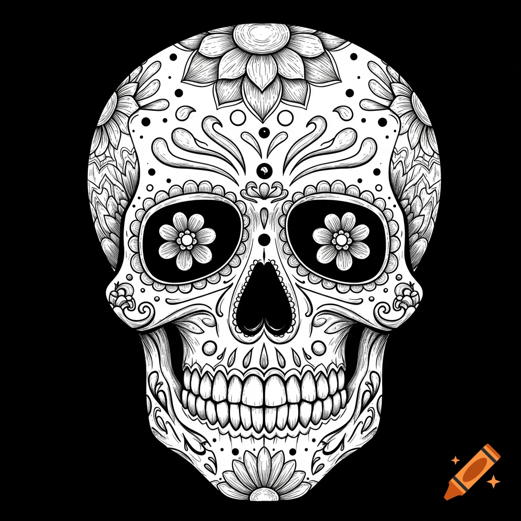 A detailed black and white illustration of a Dia de los Muertos sugar skull with intricate floral and mandala-like patterns on a black background.
