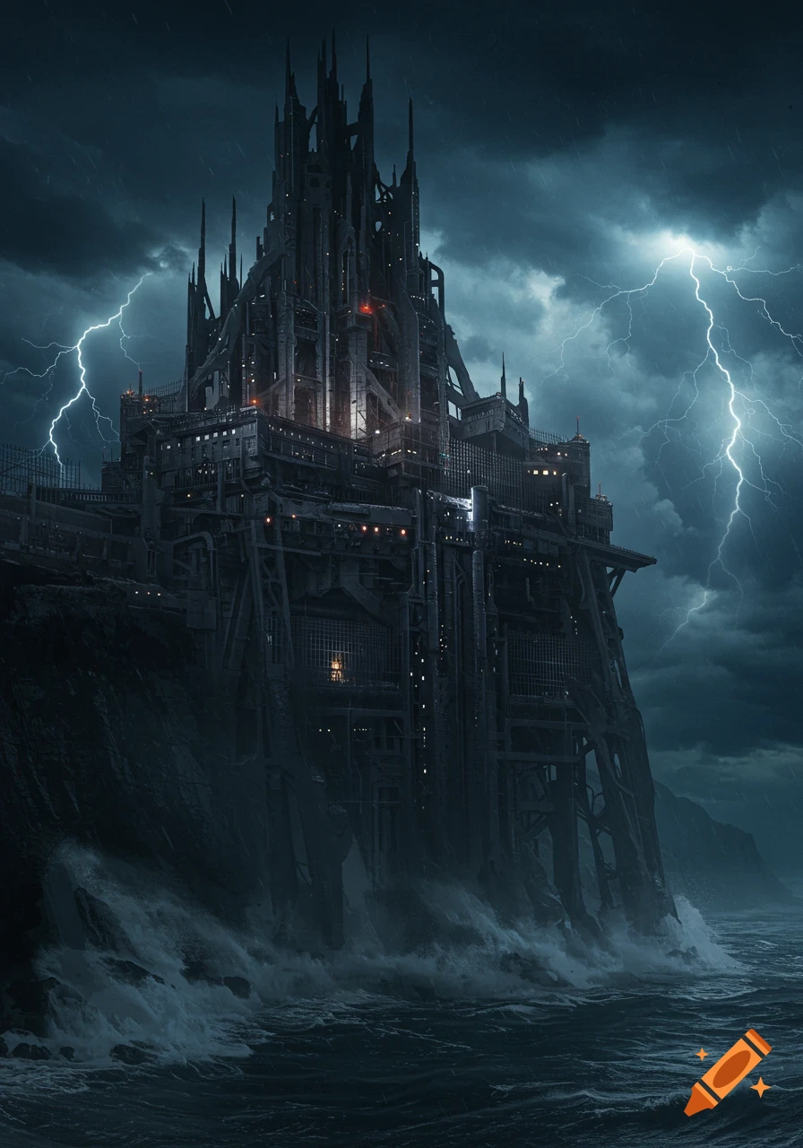 A dark, spiky dystopian fortress sits on a cliff over a stormy, thrashing sea, lit by lightning in a dark, cloudy sky.