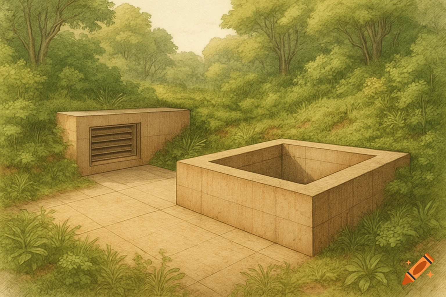Two concrete structures, one with a vent and one a square pit, on a path amidst lush green foliage and trees, in an illustrated style.