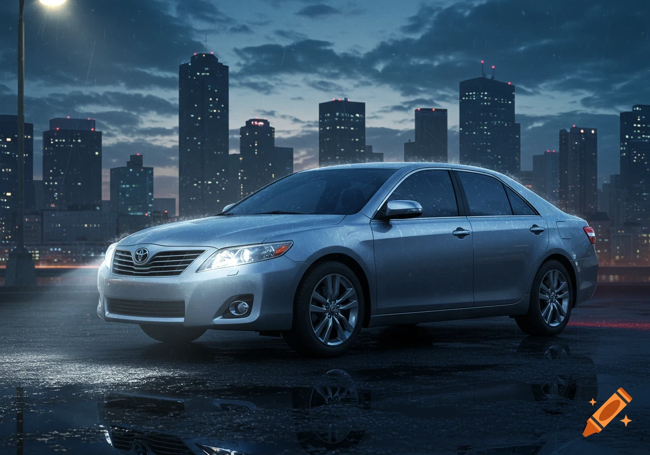 A photorealistic silver Toyota Camry on a wet city street at night, with illuminated buildings in the background.