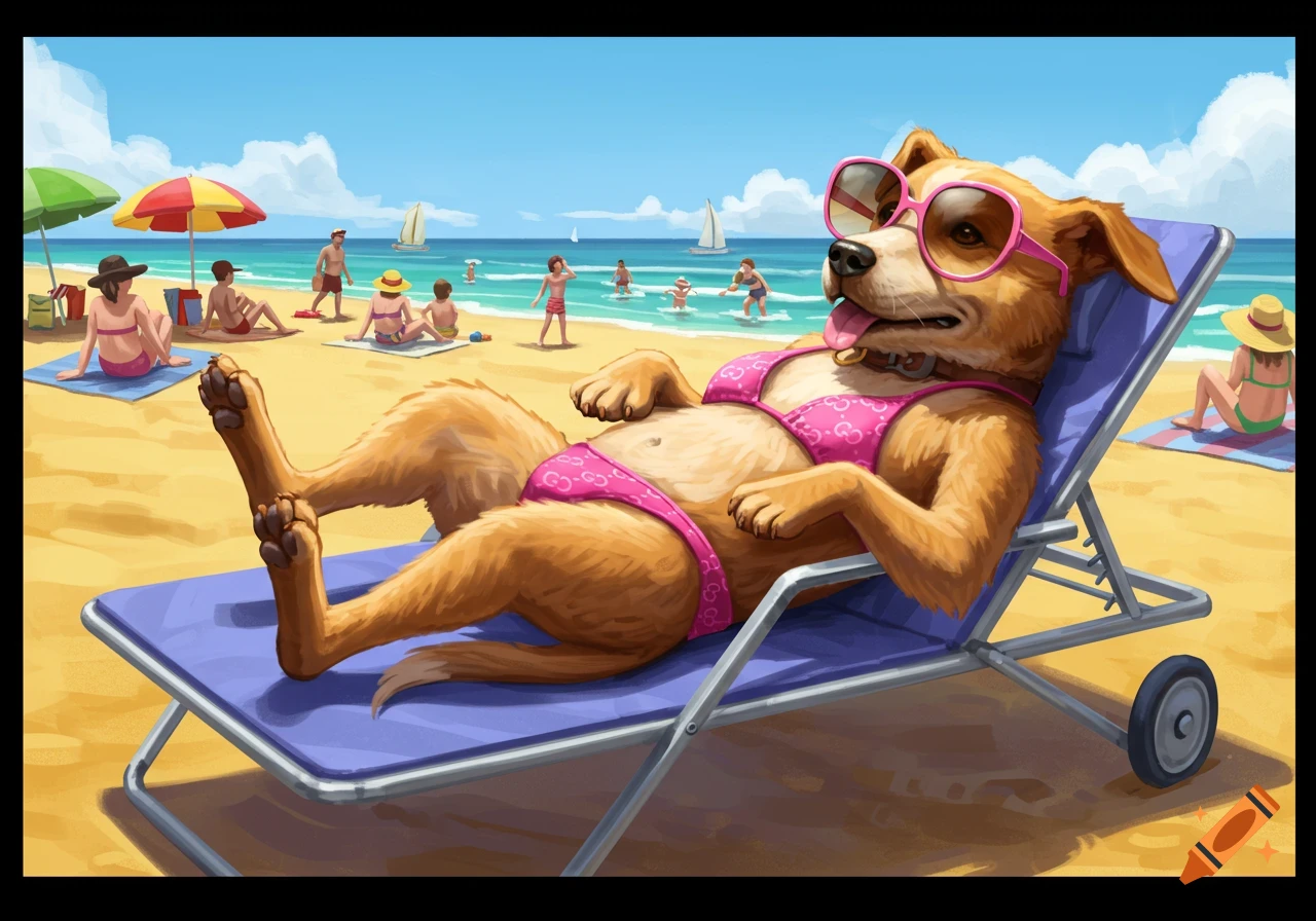 A cartoon dog in a pink bikini and sunglasses relaxes on a blue lounge chair on a sunny beach, with people swimming in the background.