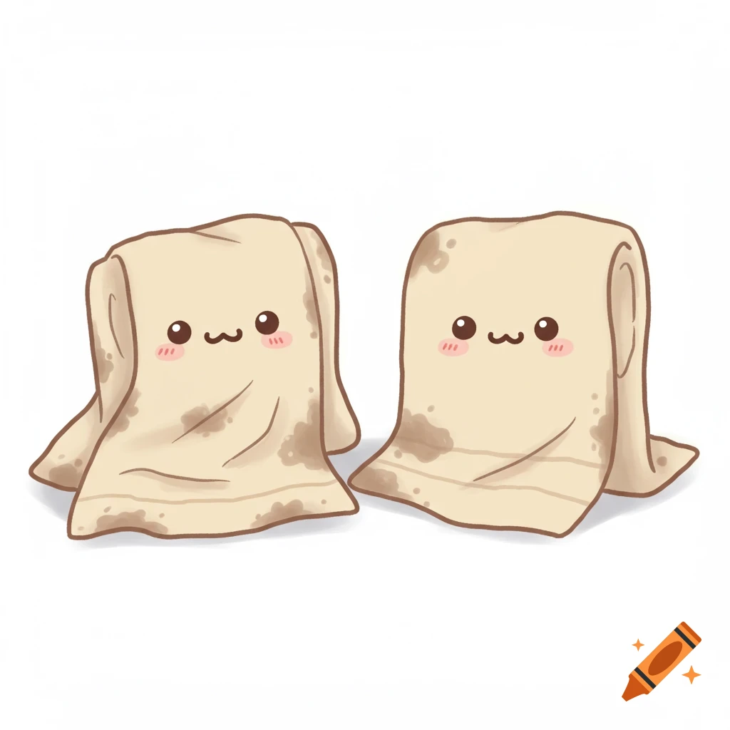Two cute beige towels with brown dirty spots, smiling faces and pink cheeks, in an anime style on a white background.
