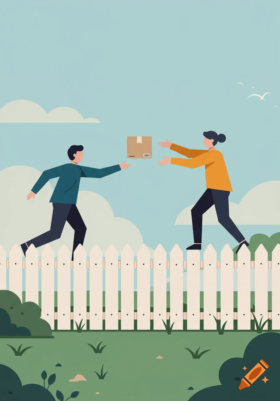Two stylized people exchange a package over a white picket fence against a blue sky in a flat illustration.