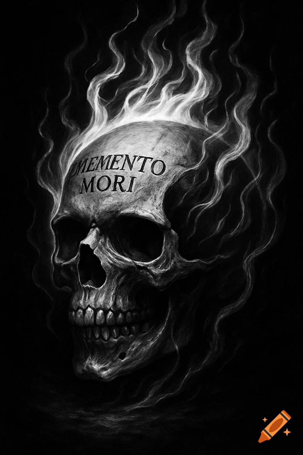 A black and white drawing of a skull with 'Memento Mori' inscribed on its forehead, enveloped in wispy smoke.