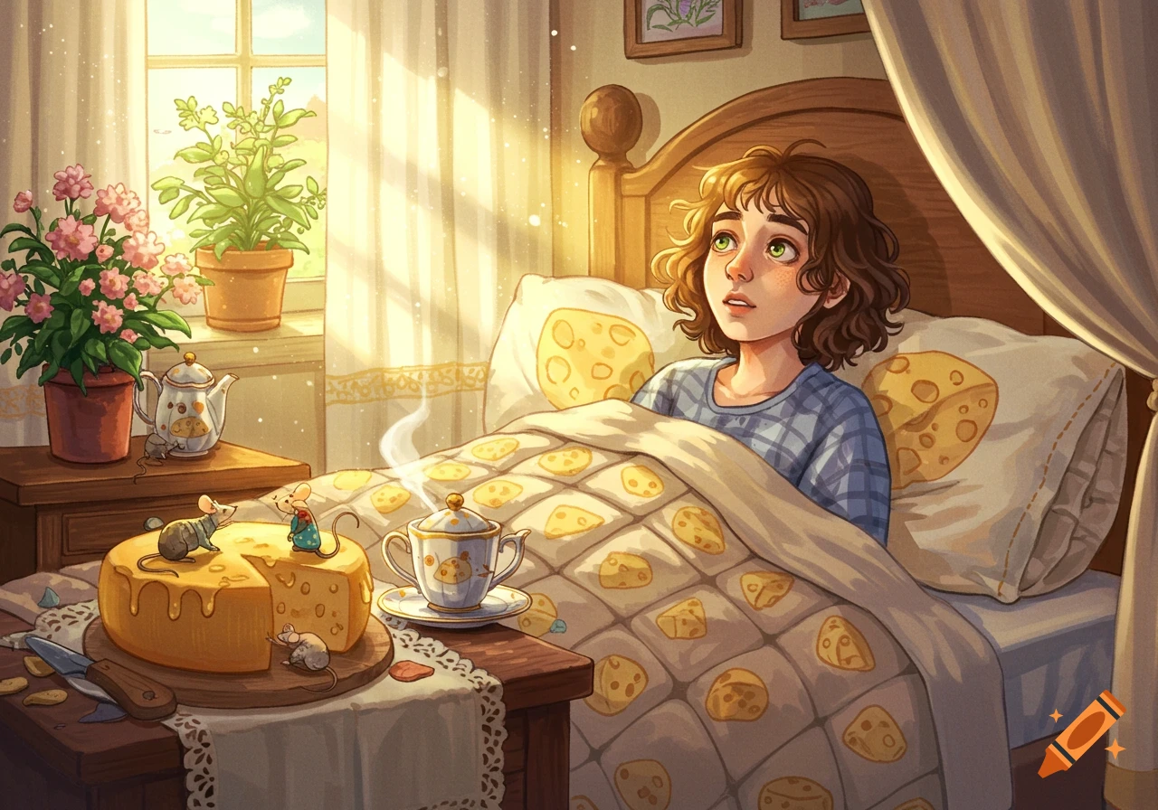 A young girl with curly hair wakes in a sunny bedroom, looking at a cheese wheel with mice on her bedside table, her bedding patterned with cheese.